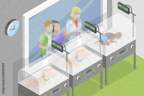 3D Isometric Flat Vector Illustration of Preterm Baby Incubators, Nurses Take Care about New Borns