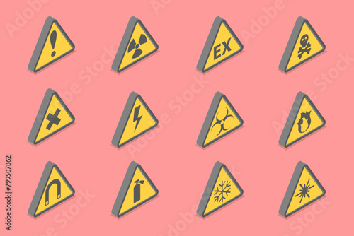 3D Isometric Flat Vector Set of Warning Signs, Safety and Caution Tags