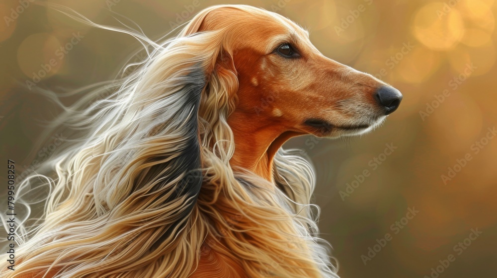 Captivating image of a graceful long-haired dog bathed in the warm golden light of sunset, emanating serenity and beauty