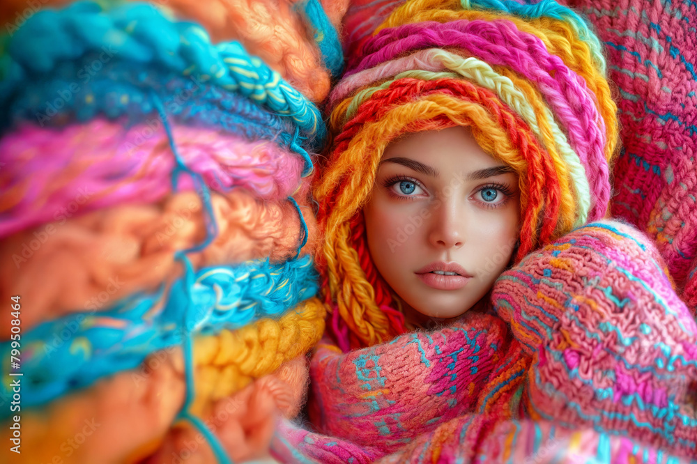 a beautiful woman surrounded by knitwear, winter fashion concept
