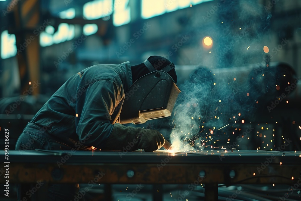 Steel welding facilities. Workers wearing industrial uniforms and welded iron masks. Occupational safety and industrial safety concept. Industry. Metal factory. Protective workwear. Steel welding facilities. Workers wearing industrial uniforms and welded iron masks. Occupational safety and industrial safety concept. Industry. Metal factory. Protective workwear.