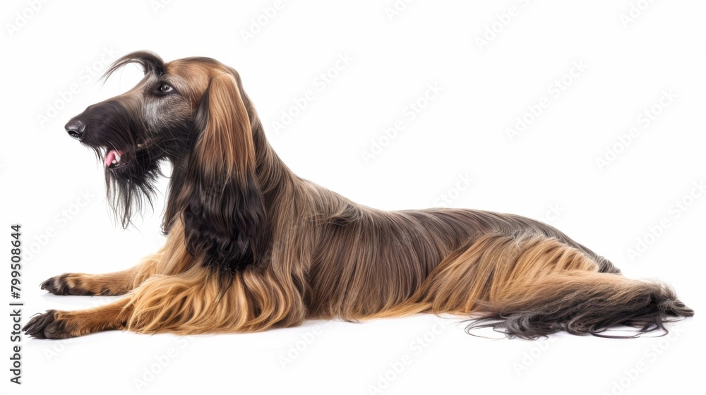 A beautiful and glossy black and tan long-haired dog lying down gracefully against a pure white background A beautiful and glossy black and tan long-haired dog lying down gracefully against a pure white background