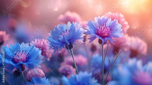 The sun shines on purple cornflowers.