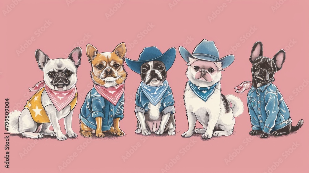 Adorable Cartoon Dogs Dressed in Western Attire on Pink Background