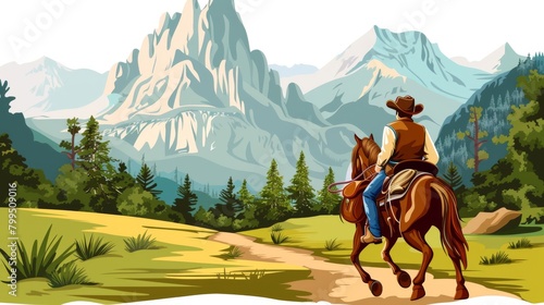 Cowboy Riding Horse in Scenic Mountain Landscape photo