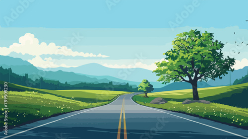 Vector illustration of nature landscape, long road and trees