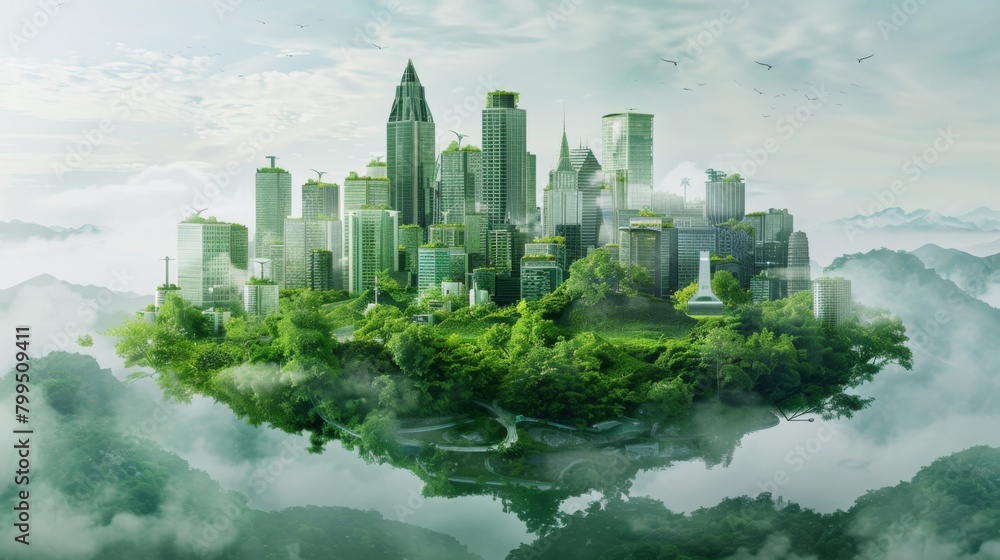 Surreal Eco-Friendly Cityscape Floating on a Cloud Above Forest