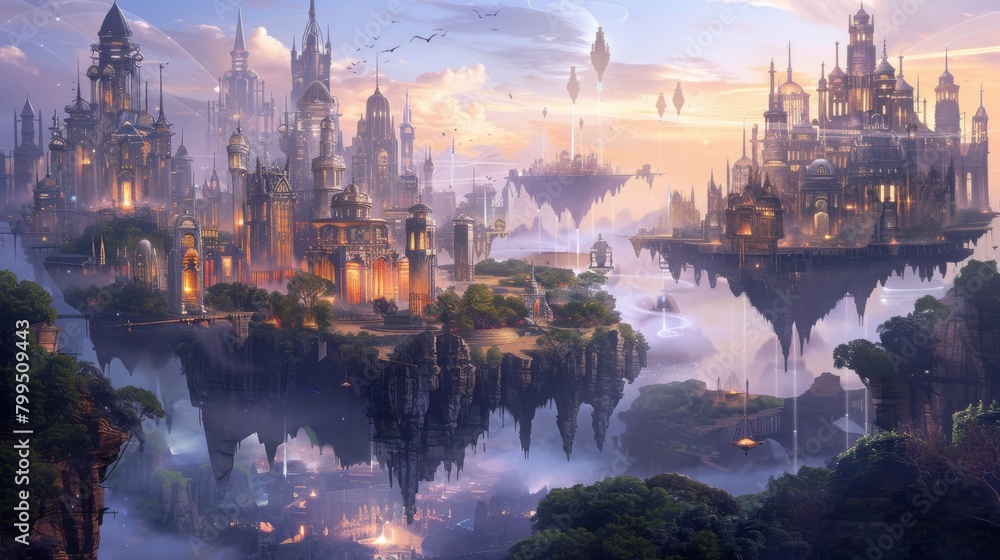 Majestic Fantasy Cityscape at Twilight with Floating Islands and Castles