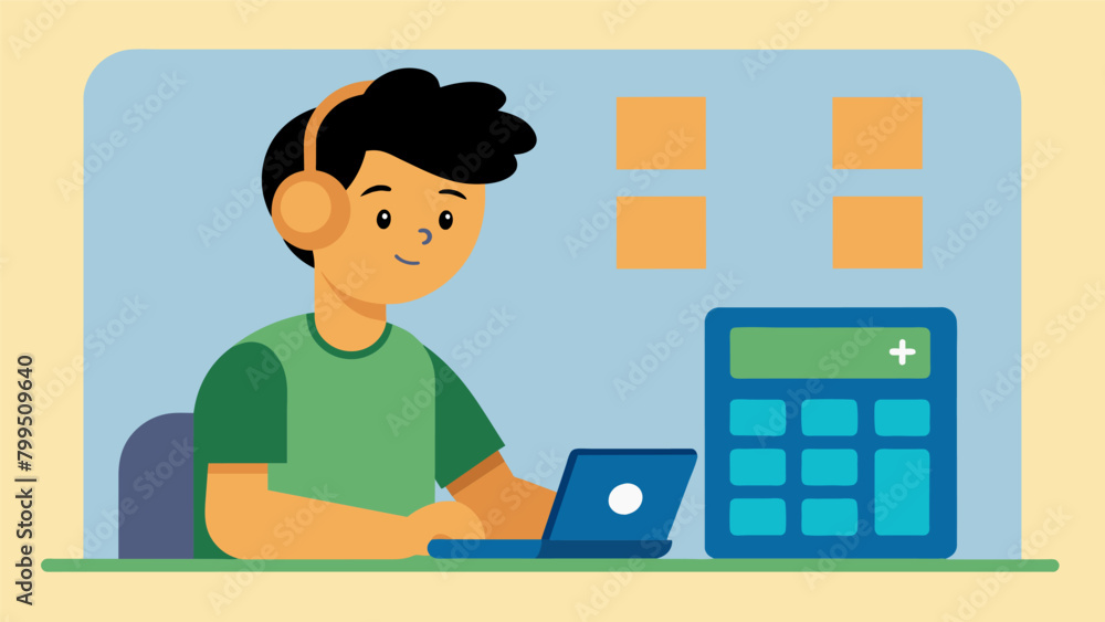 A student with a learning disability using a calculator with audio output to complete math problems independently.. Vector illustration A student with a learning disability using a calculator with audio output to complete math problems independently.. Vector illustration