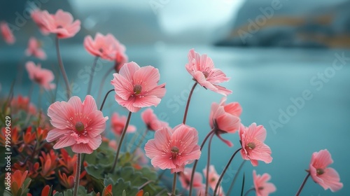 A close-up of pink flowers on the river bank in the background