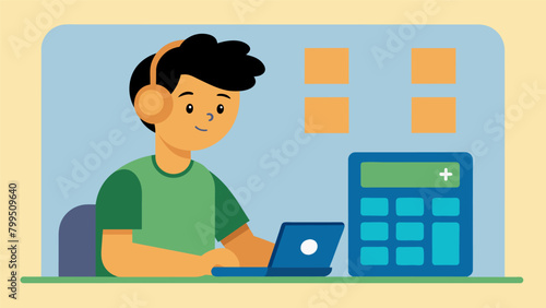 A student with a learning disability using a calculator with audio output to complete math problems independently.. Vector illustration