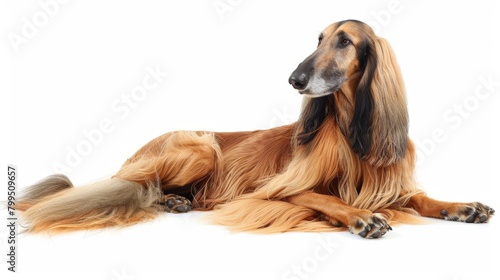 This captivating image features a regal Afghan Hound lying down gracefully with its signature long, silky hair fanned around it on a seamless white background photo