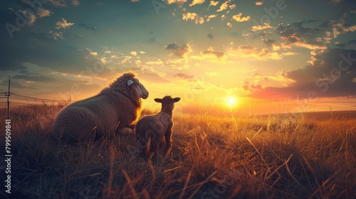 Lion and lamb Jesus christian son of god king died resurrection easter concept sunrise new day christ holy photo
