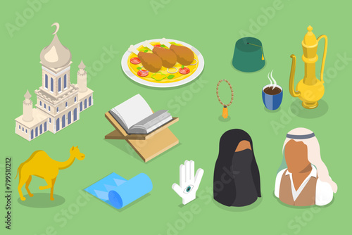 3D Isometric Flat Vector Set of Islamic Religion Items, Traditional Attributes of Arab Culture
