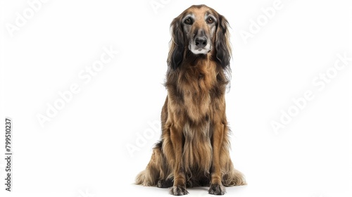 A soulful black and tan dog sits attentively, offering its undivided attention, showcased on a white background photo