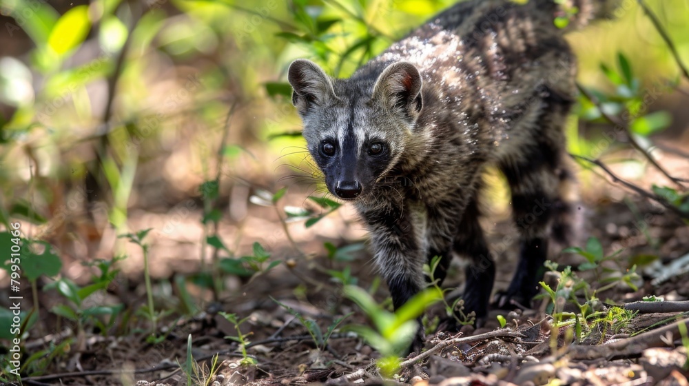 A wild civet kitten, with its distinctive spotted fur, peeks curiously from behind lush green foliage in a natural habitat A wild civet kitten, with its distinctive spotted fur, peeks curiously from behind lush green foliage in a natural habitat