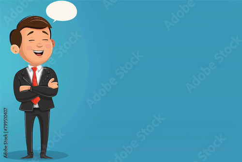 Speaking Businessman character isolated on Blue Background, space to add text