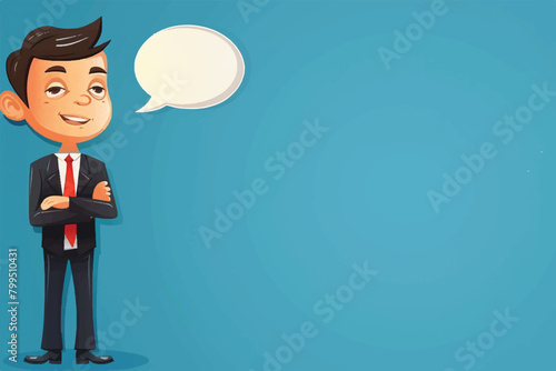 Speaking Businessman character isolated on Blue Background, space to add text