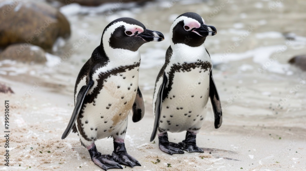 Obraz premium A pair of African Penguins seem to share an affectionate interaction on a sandy beach with rocks