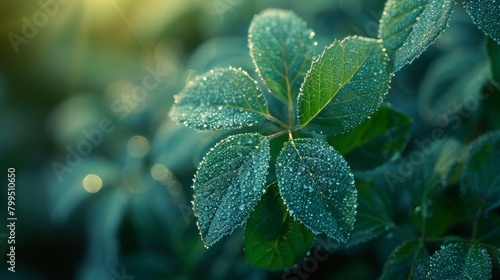 Green leaves are dotted with morning frost. Autumn morning in the Carpathians. Natural beauty is everywhere.