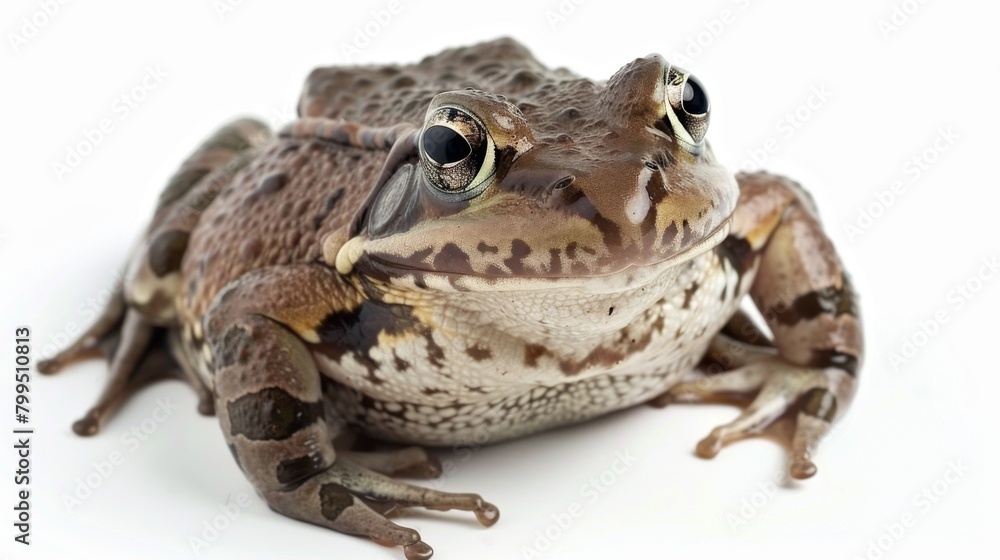 This image features a mottled brown frog resting peacefully against a pristine white background This image features a mottled brown frog resting peacefully against a pristine white background