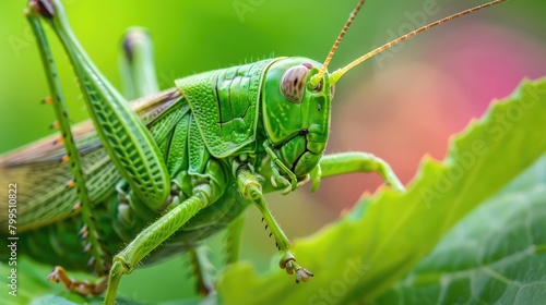Macro shot of big green grasshopper. Grashopper sits © Khalif