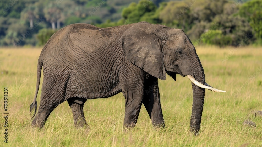 A lone African elephant wanders in the savannah, its tough skin textured against the vast grasslands
