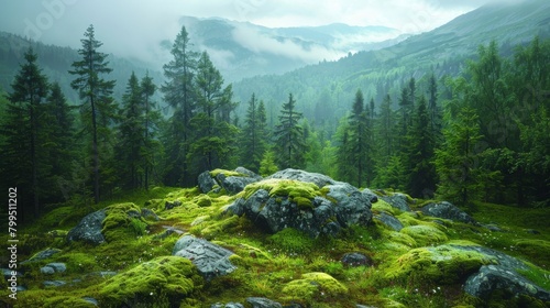 The Carpathians are covered in dense forest with large stones, covered with moss. Forest and moss cover the mountains. photo