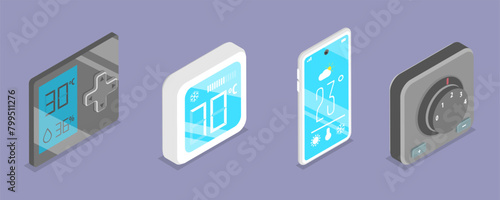 3D Isometric Flat Vector Set of Smart Home Heating And Cooling, Thermostat Collection