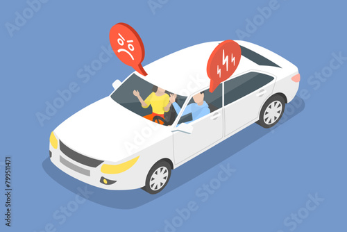 3D Isometric Flat Vector Illustration of Fighting In Car, Unsafe Vehicle Driving