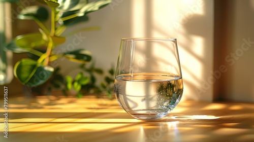 An empty paper bowl with drinking water stands on the table. The glass bowl is transparent with water inside. A close-up of the glass bowl with drinking water.