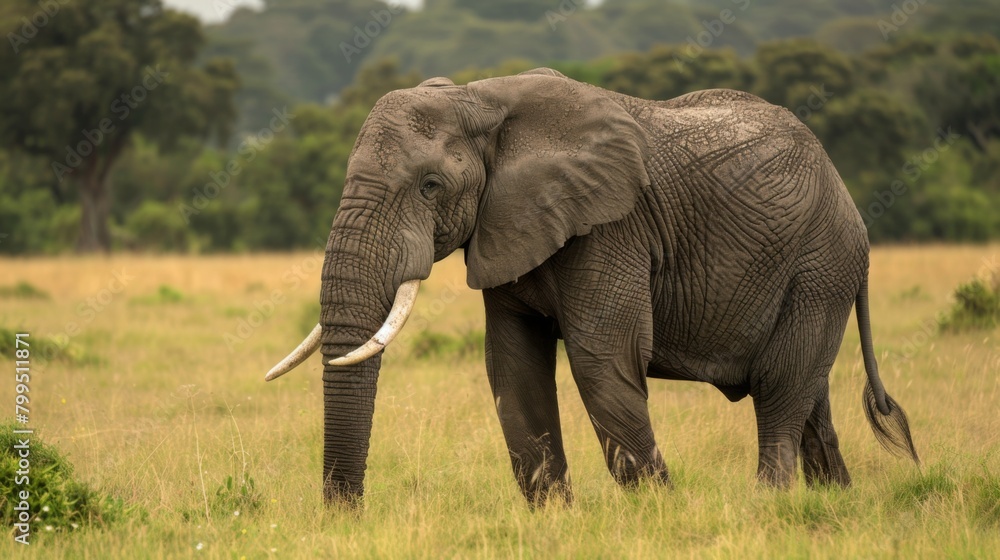 An African elephant is captured in its natural habitat, walking through the grassy plains with trees in the background