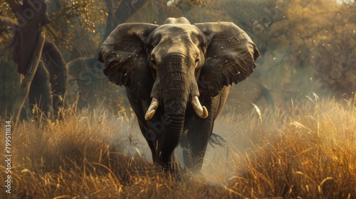 An impressive elephant is captured walking towards the viewer in a golden, sunlit African savannah, surrounded by trees photo