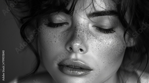 Closeup portrait of a young woman with closed eyes. Black and white portrait photography of a young woman with closed eyes.