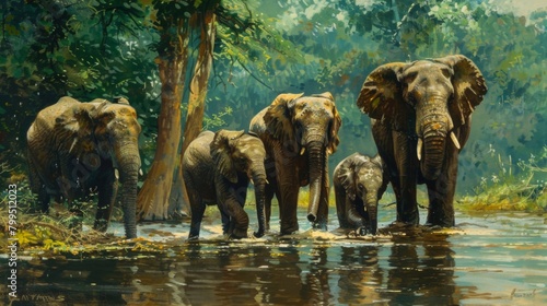 This painting depicts elephants by a river, with one elephant blurred, surrounded by lush greenery and calm water