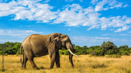 An African elephant roams alone in the sprawling grasslands against a clear blue sky