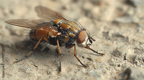 Close-up of a hibernating fly on the windowsill.