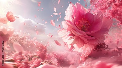 Beautiful pink peony flowers in the sky. 3d rendering, copy space