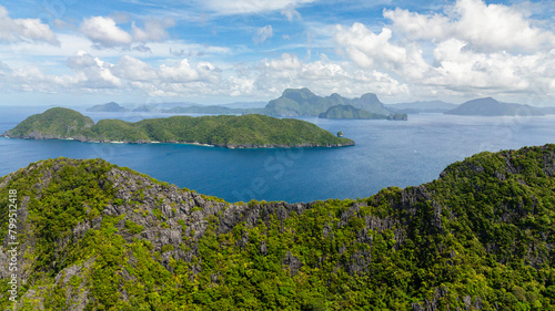 Tropical landscape of Islands and blue sea. Blue sky and clouds. El Nido, Philippines.