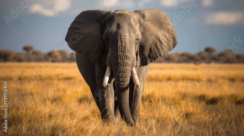 A breathtaking image capturing an elephant in its natural habitat, surrounded by the vastness of the grassy plains