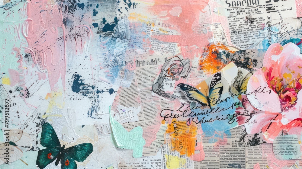 Fototapeta premium collage with soft colors and doodle elements on a retro poster. ,