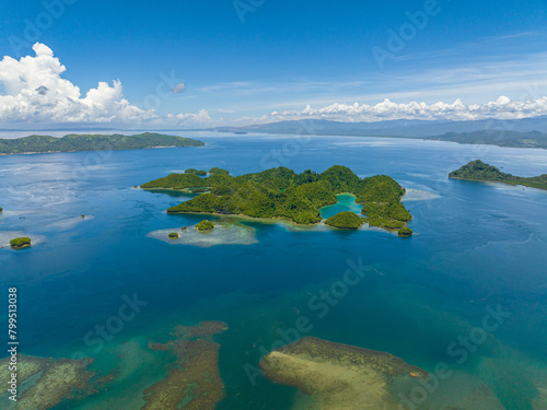 Lagoon inside the tropical island. Tinago Island. Mindanao  Philippines. Aerial drone view  Travel concept.