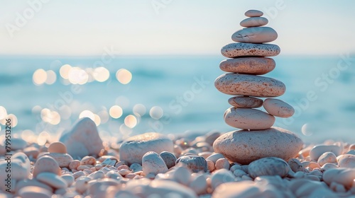 A pile of smooth stones carefully stacked on a pebbly beach, symbolizing balance, with the ocean as a calming backdrop