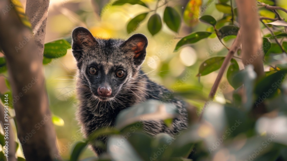 With an inquisitive gaze, the palm civet sits amidst lush green foliage in the forest, showcasing its captivating eyes and striped fur