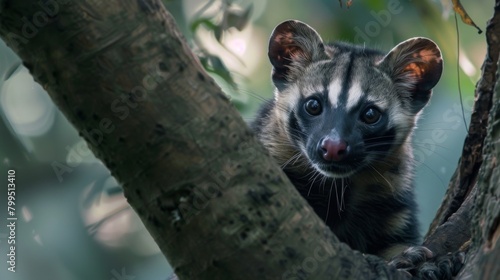 A tender scene of a palm civet nestled cozily between branches, peering with an endearing look amid the forest’s embrace photo