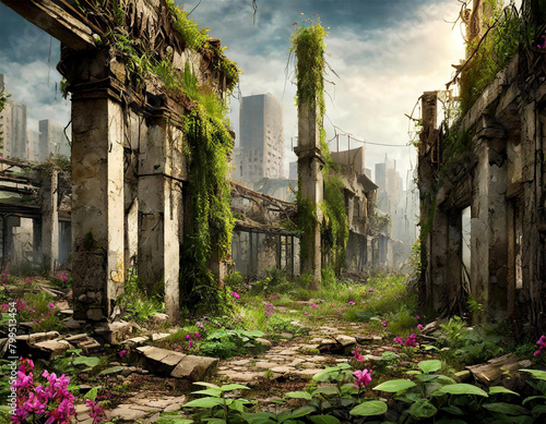 Post-apocalyptic wasteland, decaying cityscape, wild plants growing. 