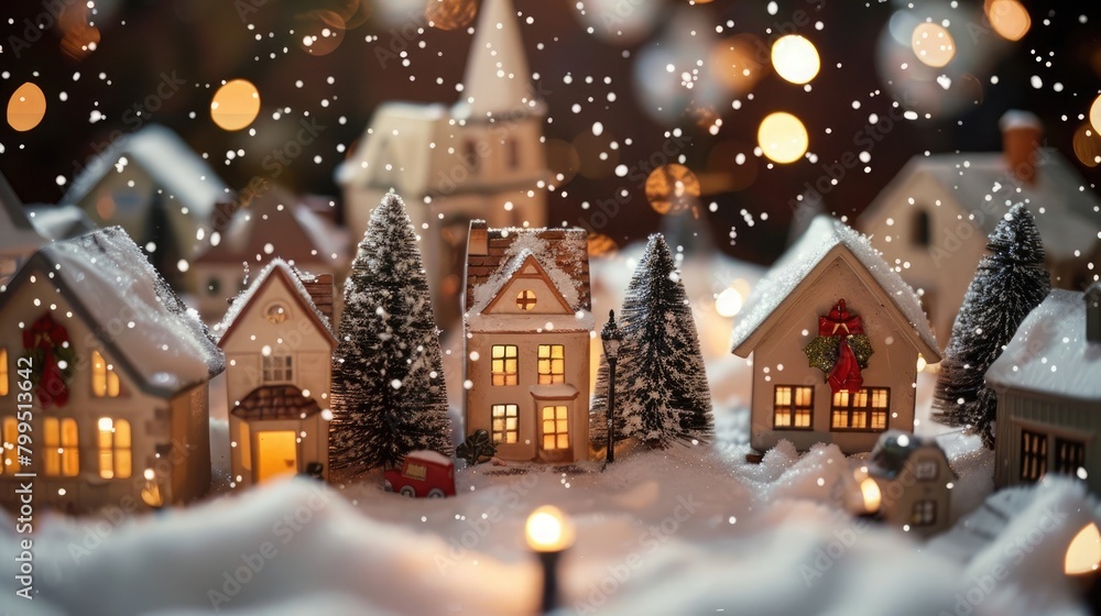 Miniature christmas town snow and bokeh. Festive banner wallpaper concept for the holidays