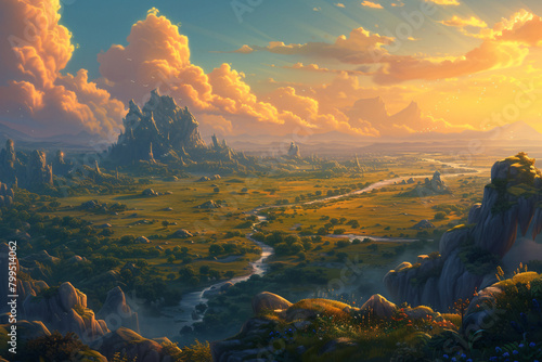 Fantasy landscape with mountains and river at sunset. Sci-fi planet landscape concept art. Fantasy space world. Mysterious and magical planet.