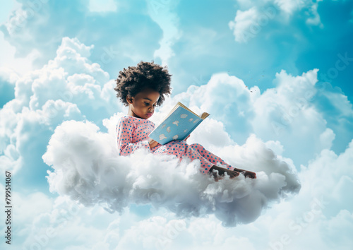 Cute boy in pastel pink color pajama sitting on a white cloud and reading a book. Creative fun education concept.