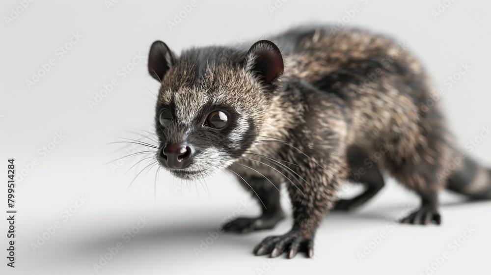 Detailed close-up of a civet with a focused expression against a plain, nondescript background Detailed close-up of a civet with a focused expression against a plain, nondescript background